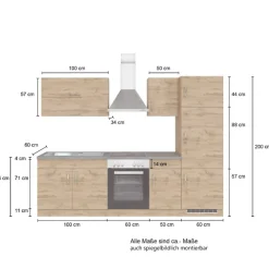 Küchenzeile Sorrella 270cm mit Platz für Backofen und Kühlschrank - Eiche/Graphit