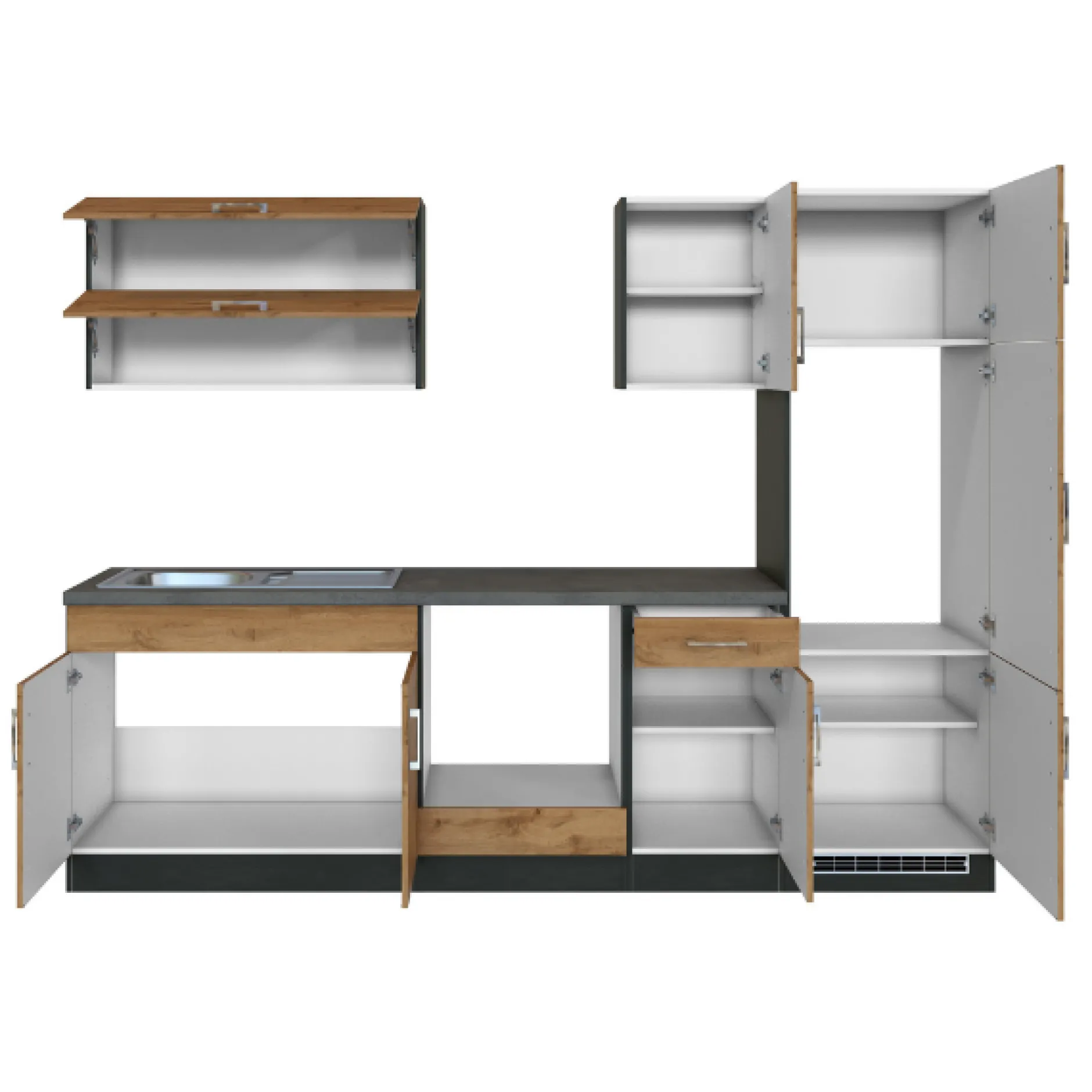 Küchenzeile Sorrella 270cm mit Platz für Backofen und Kühlschrank - Eiche/Graphit