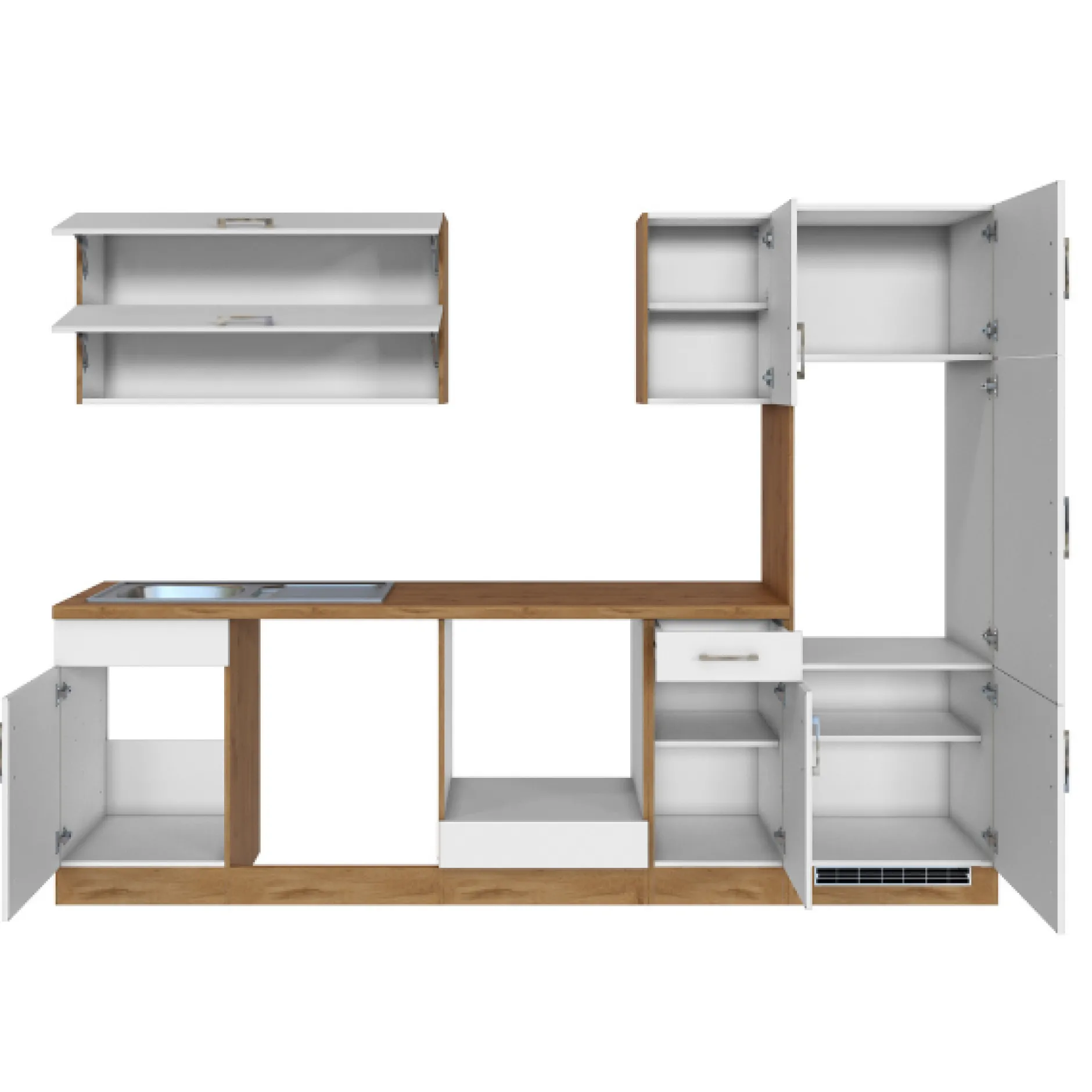 Küchenzeile Sorrella 270cm mit Platz für Backofen, Geschirrspüler und Kühlschrank - weiß/Eiche