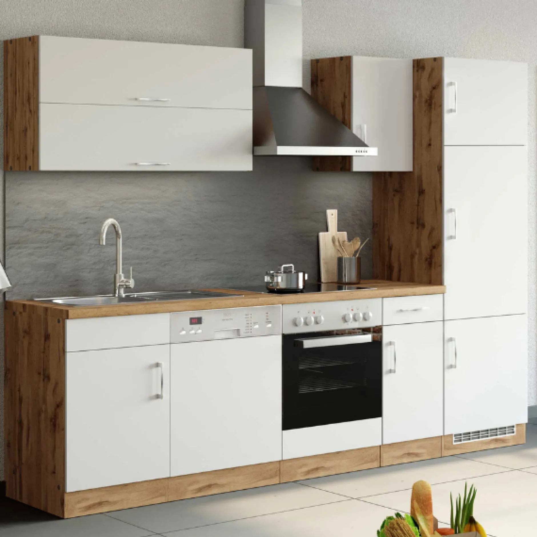 Küchenzeile Sorrella 270cm mit Platz für Backofen, Geschirrspüler und Kühlschrank - weiß/Eiche