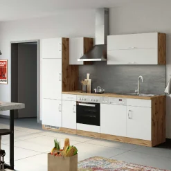 Küchenzeile Sorrella 270cm mit Platz für Backofen, Geschirrspüler und Kühlschrank - weiß/Eiche