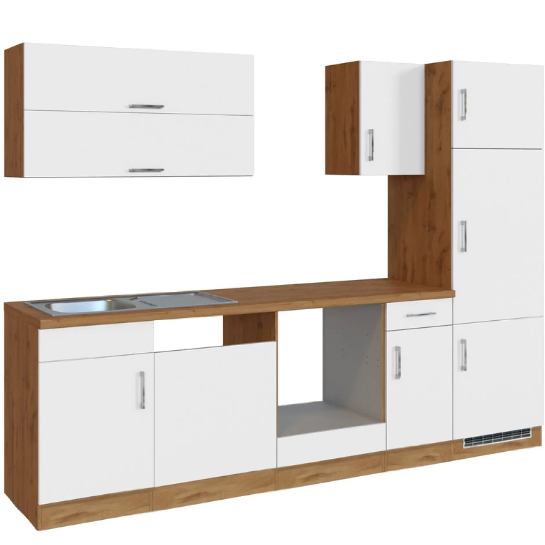 Küchenzeile Sorrella 270cm mit Platz für Backofen, Geschirrspüler und Kühlschrank - weiß/Eiche