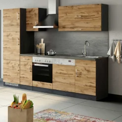 Küchenzeile Sorrella 270cm mit Platz für Backofen, Geschirrspüler und Kühlschrank - Eiche/Graphit