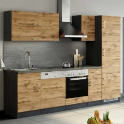 Küchenzeile Sorrella 270cm mit Platz für Backofen, Geschirrspüler und Kühlschrank - Eiche/Graphit