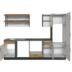 Küchenzeile Sorrella 270cm mit Platz für Backofen, Geschirrspüler und Kühlschrank - Eiche/Graphit