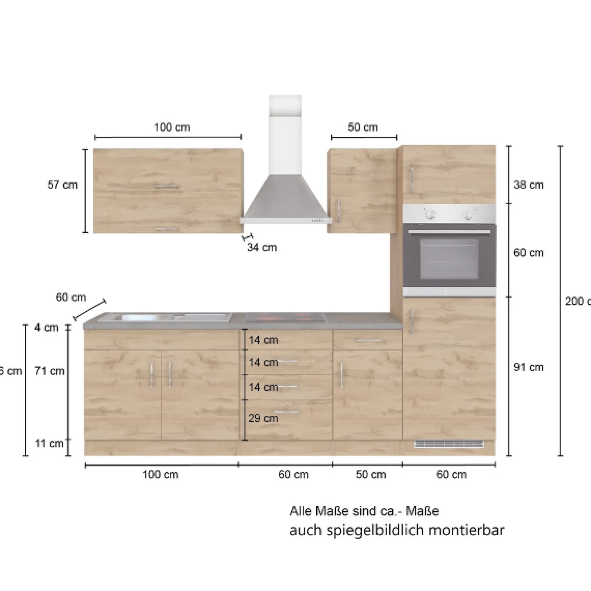 Küchenzeile Sorrella 270cm mit Platz für Backofen und Kühlschrank - weiß/Eiche