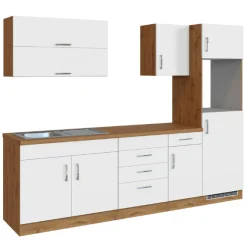Küchenzeile Sorrella 270cm mit Platz für Backofen und Kühlschrank - weiß/Eiche