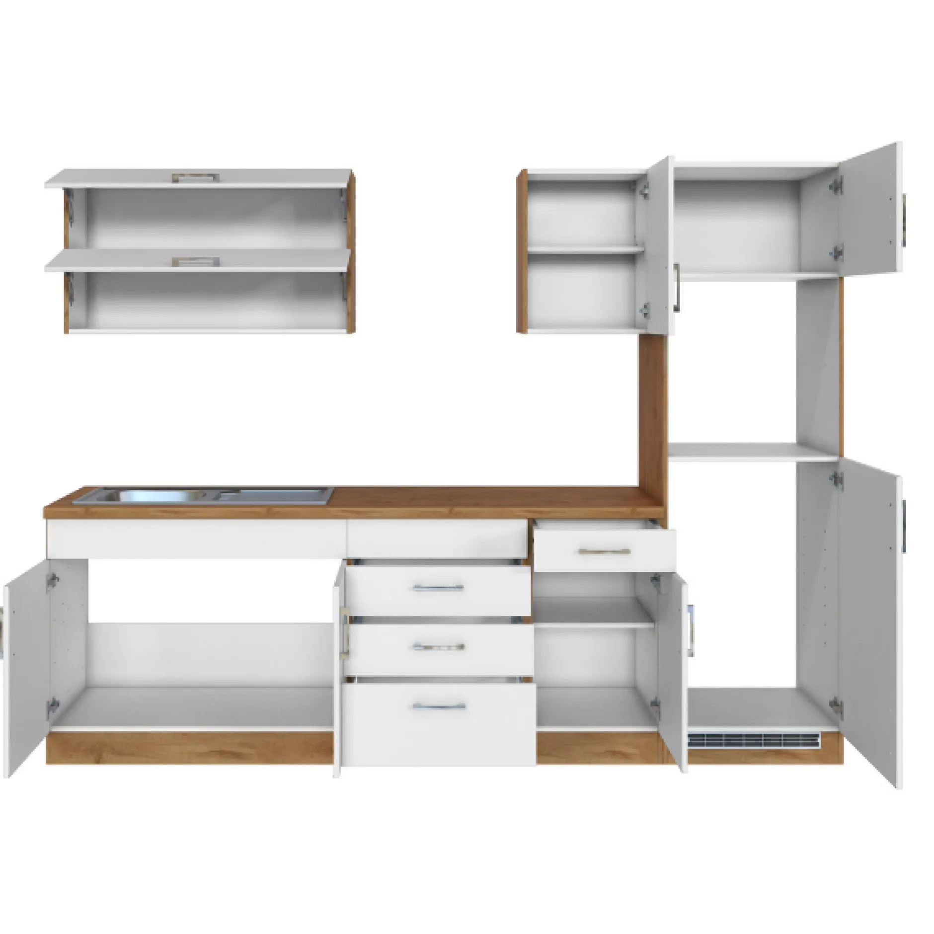 Küchenzeile Sorrella 270cm mit Platz für Backofen und Kühlschrank - weiß/Eiche