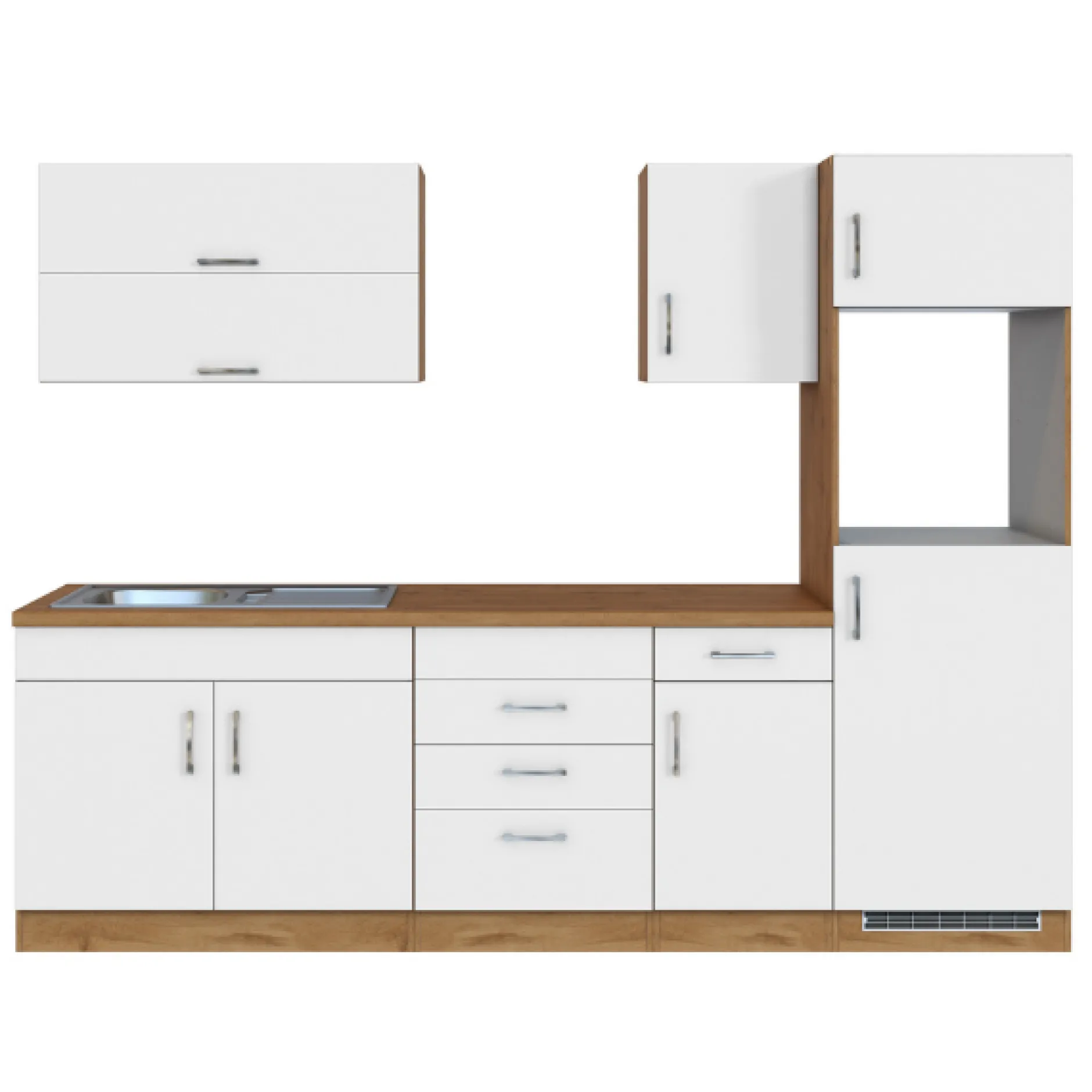 Küchenzeile Sorrella 270cm mit Platz für Backofen und Kühlschrank - weiß/Eiche