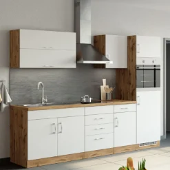 Küchenzeile Sorrella 270cm mit Platz für Backofen und Kühlschrank - weiß/Eiche