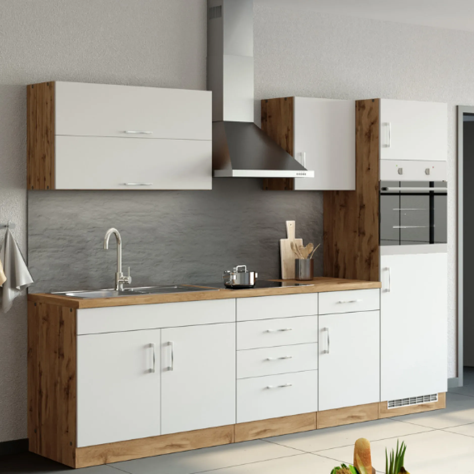 Küchenzeile Sorrella 270cm mit Platz für Backofen und Kühlschrank - weiß/Eiche