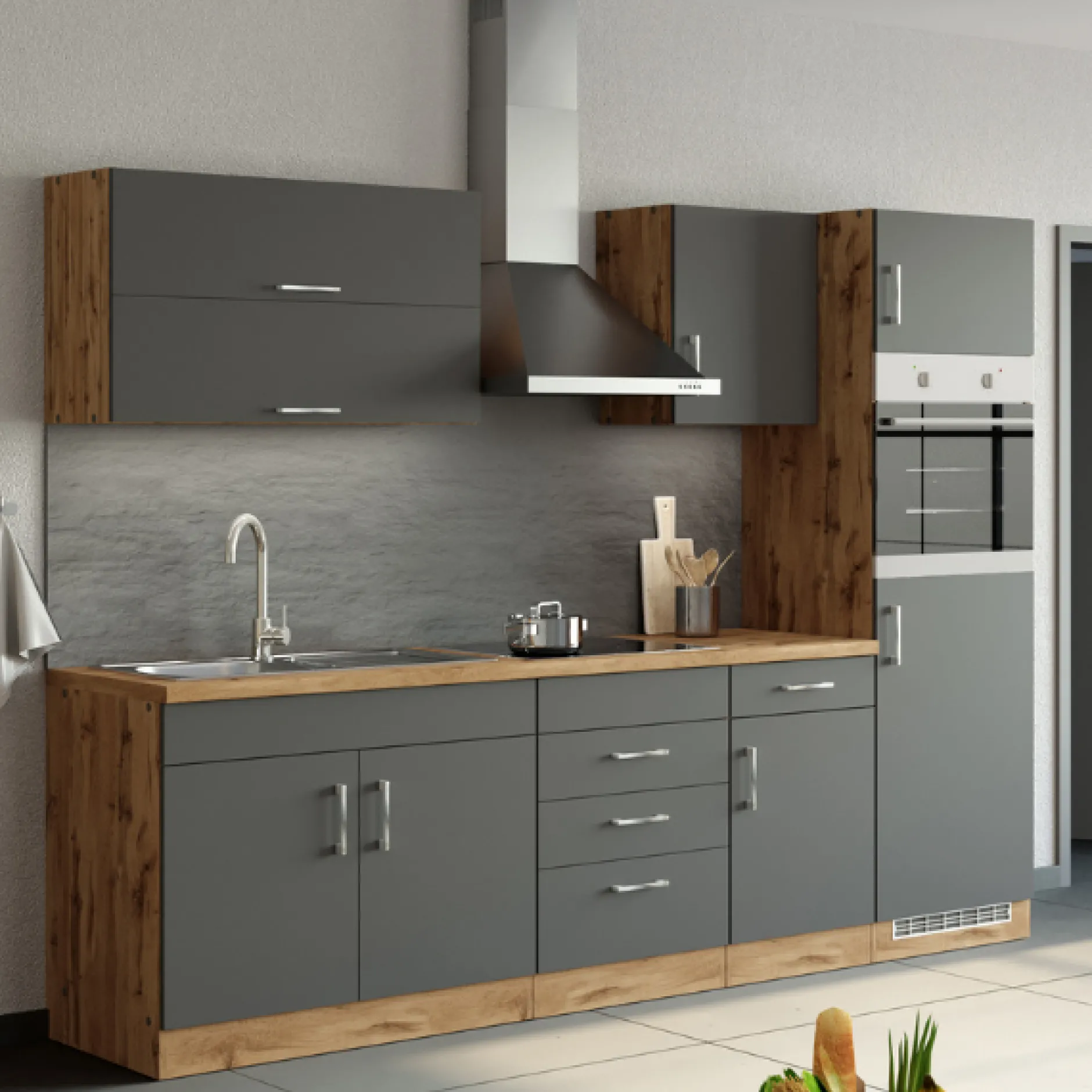 Küchenzeile Sorrella 270cm mit Platz für Backofen und Kühlschrank - anthrazit/ocker