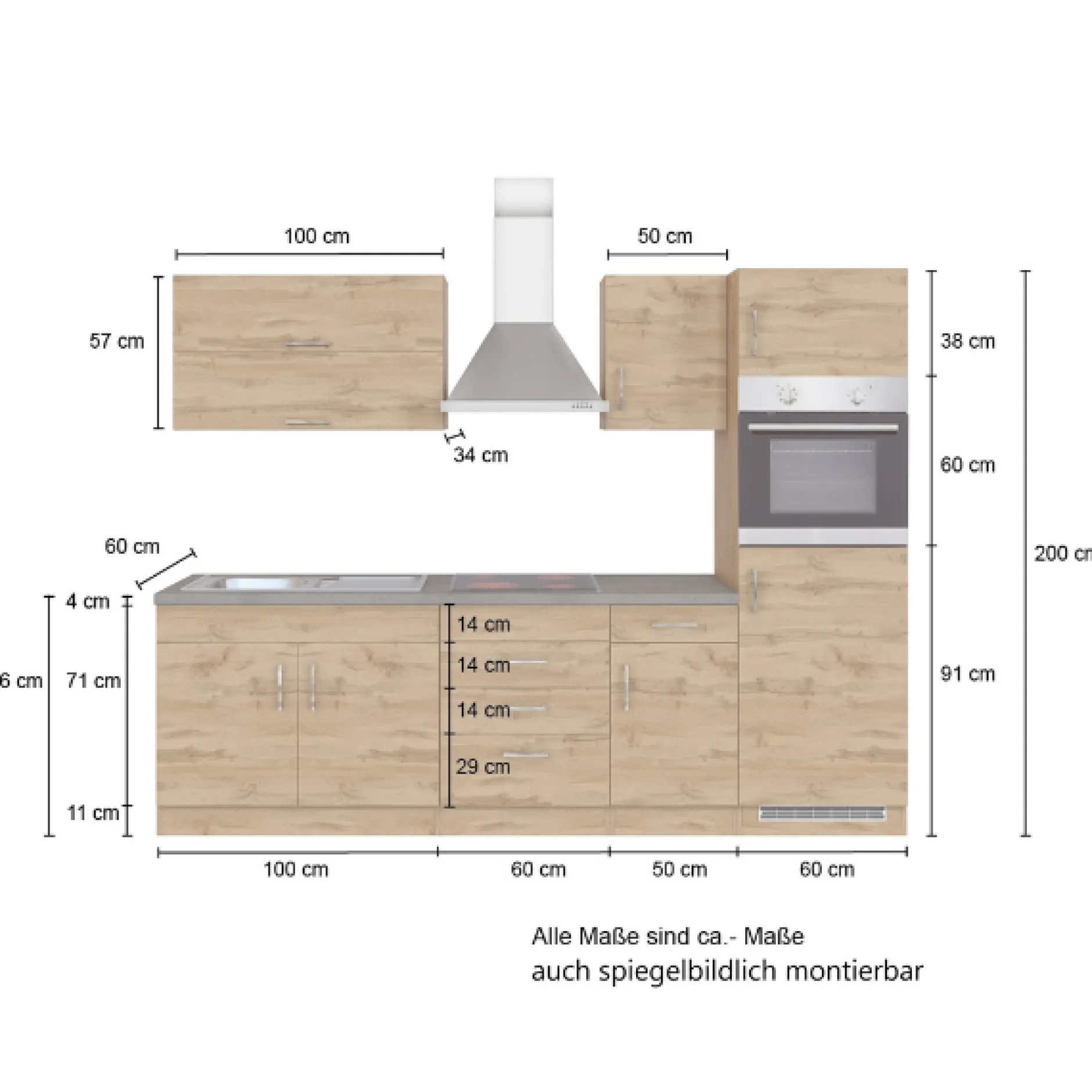Küchenzeile Sorrella 270cm mit Platz für Backofen und Kühlschrank - Eiche