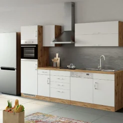Küchenzeile Sorrella 270cm mit Platz für Geschirrspüler, Backofen und Kühlschrank - weiß/Eiche