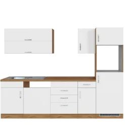 Küchenzeile Sorrella 270cm mit Platz für Geschirrspüler, Backofen und Kühlschrank - weiß/Eiche