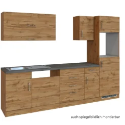Küchenzeile Sorrella 270cm mit Platz für Geschirrspüler, Backofen und Kühlschrank - Eiche