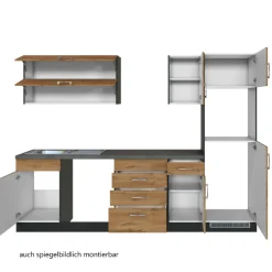Küchenzeile Sorrella 270cm mit Platz für Geschirrspüler, Backofen und Kühlschrank - Eiche/Graphit