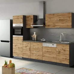 Küchenzeile Sorrella 270cm mit Platz für Geschirrspüler, Backofen und Kühlschrank - Eiche/Graphit