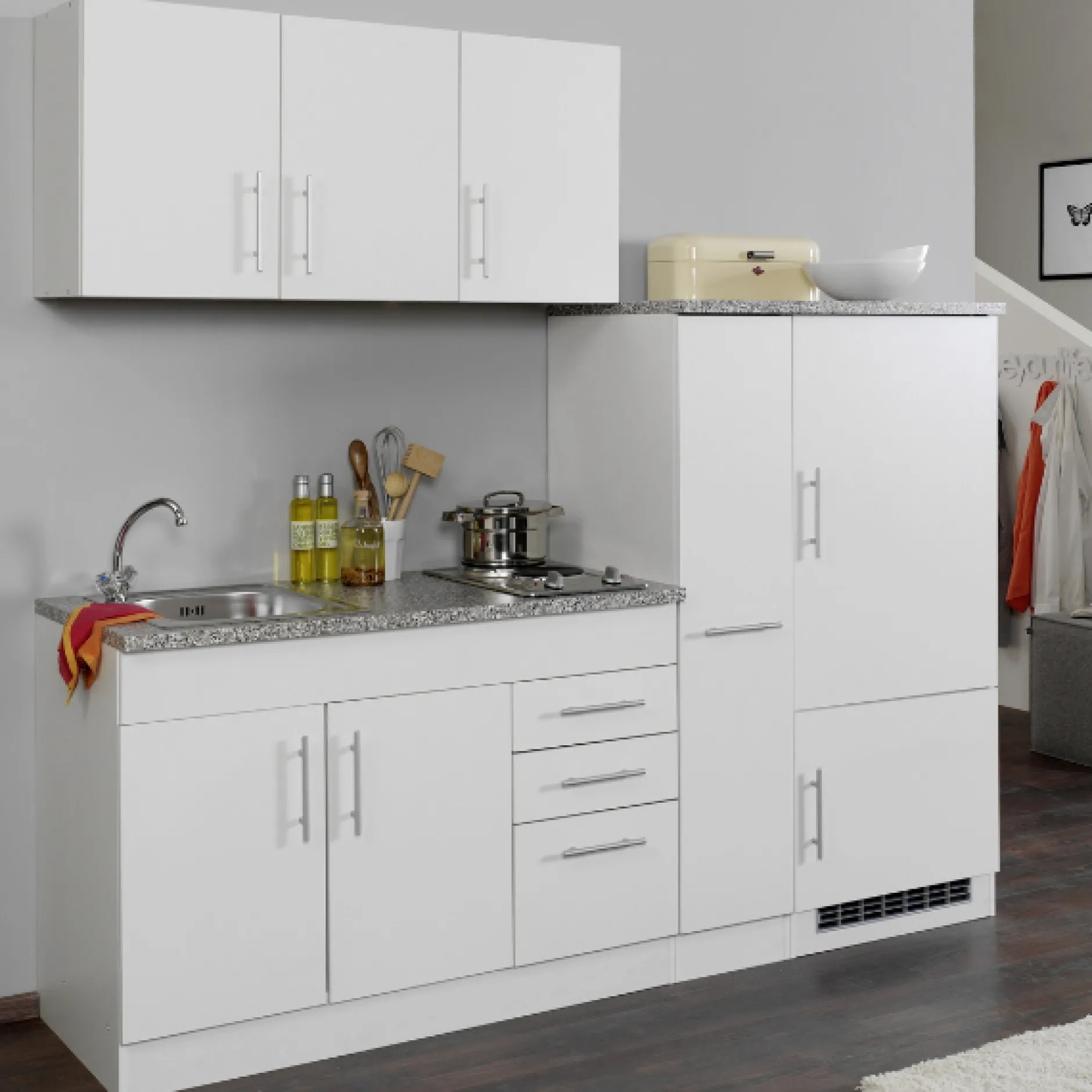 Küchenzeile Toronto | Oberschrank, Spüle, Kochfeld, mehrere Schränke | Weiß