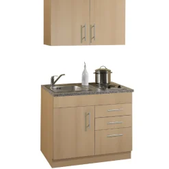 Küchenzeile Toto 100cm mit Kochfeld - Buche/Marmor