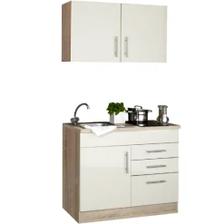Küchenzeile Toto 100cm mit Kochfeld - Hochglanz creme