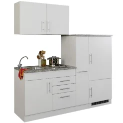 Küchenzeile Toto 190cm mit Kochfeld und Kühlschrank - weiß/marmoriert