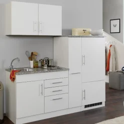 Küchenzeile Toto 190cm mit Kochfeld und Kühlschrank - weiß/marmoriert