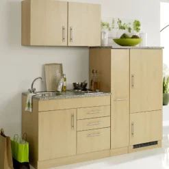Küchenzeile Toto 190cm mit Kochfeld und Kühlschrank - Buche/Marmor