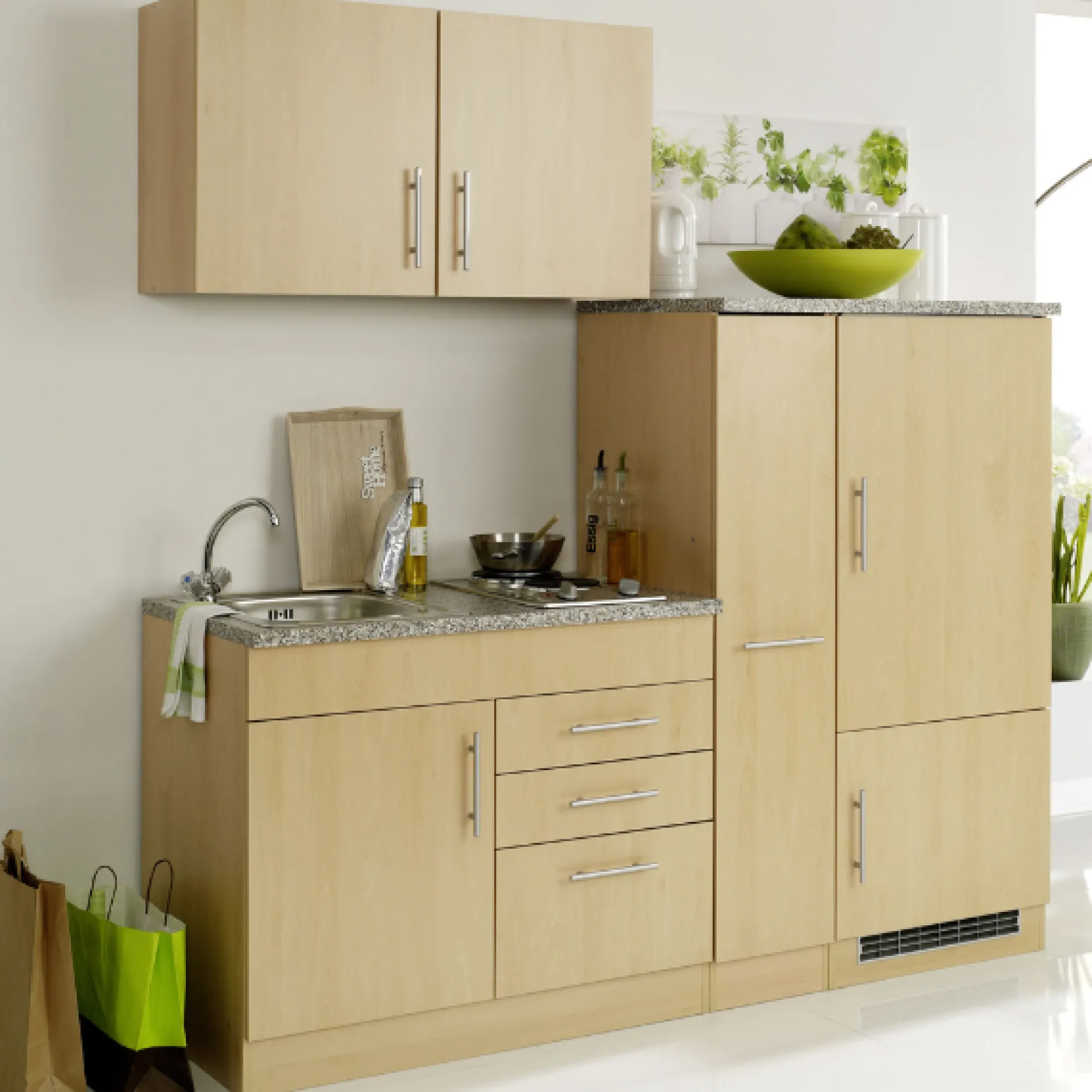 Küchenzeile Toto 190cm mit Kochfeld und Kühlschrank - Buche/Marmor