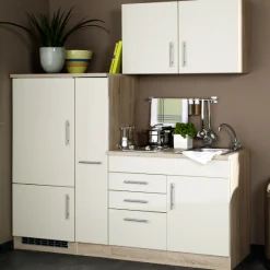 Küchenzeile Toto 190cm mit Kochfeld und Kühlschrank - Hochglanz creme