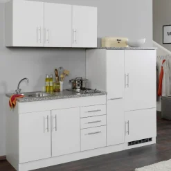 Küchenzeile Toto 210cm mit Kochfeld und Kühlschrank - weiß/marmoriert