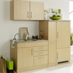 Küchenzeile Toto 210cm mit Kochfeld und Kühlschrank - Buche/Marmor