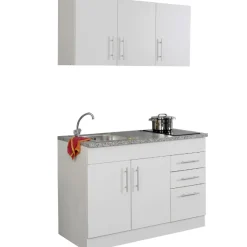 Küchenzeile Toto 120cm mit Kochfeld - weiß/marmoriert