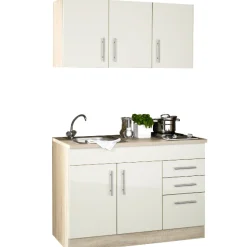Küchenzeile Toto 120cm mit Kochfeld - Hochglanz creme