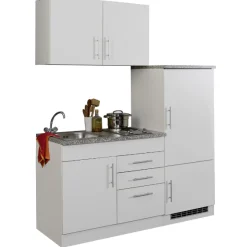 Küchenzeile Toto 160cm mit Kochfeld und Kühlschrank - weiß/marmoriert