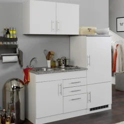 Küchenzeile Toto 160cm mit Kochfeld und Kühlschrank - weiß/marmoriert