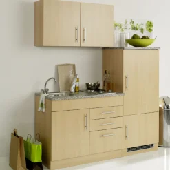 Küchenzeile Toto 160cm mit Kochfeld und Kühlschrank - Buche/Marmor