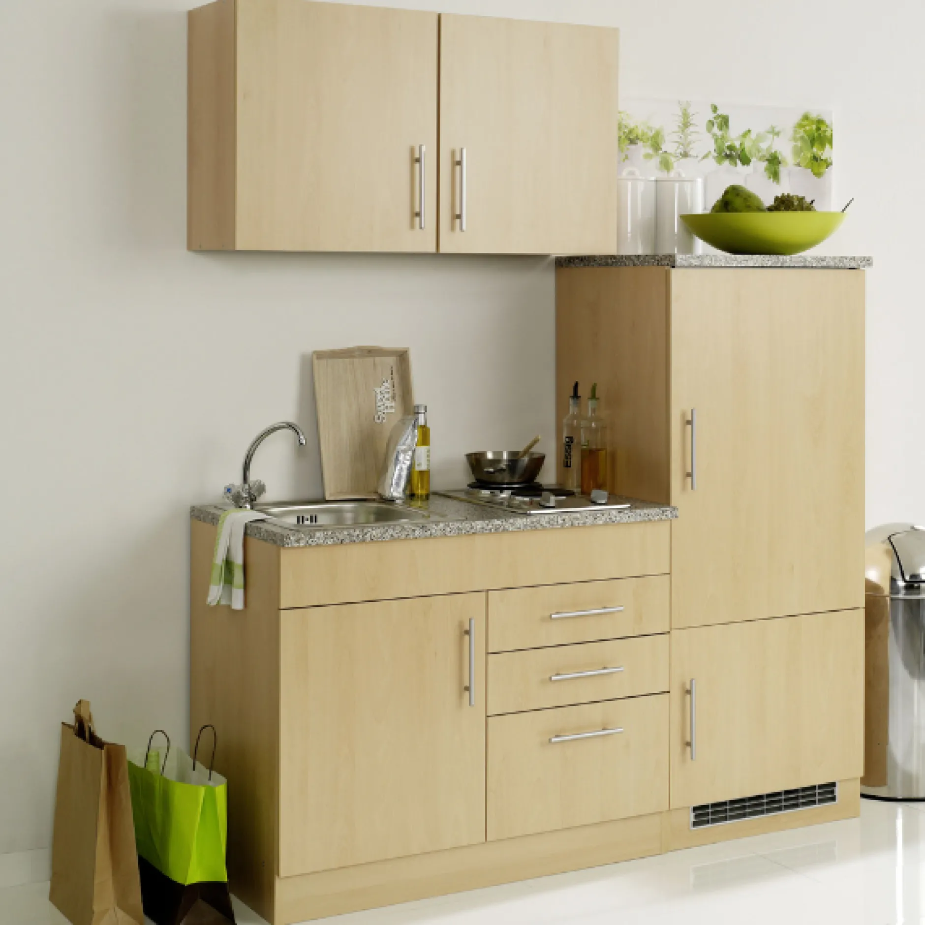 Küchenzeile Toto 160cm mit Kochfeld und Kühlschrank - Buche/Marmor