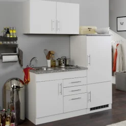 Küchenzeile Toto 160cm mit Kochfeld und Kühlschrank - weiß/marmoriert