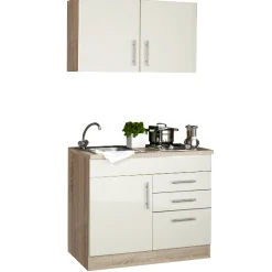 Küchenzeile Toto 100cm mit Kochfeld - Hochglanz creme