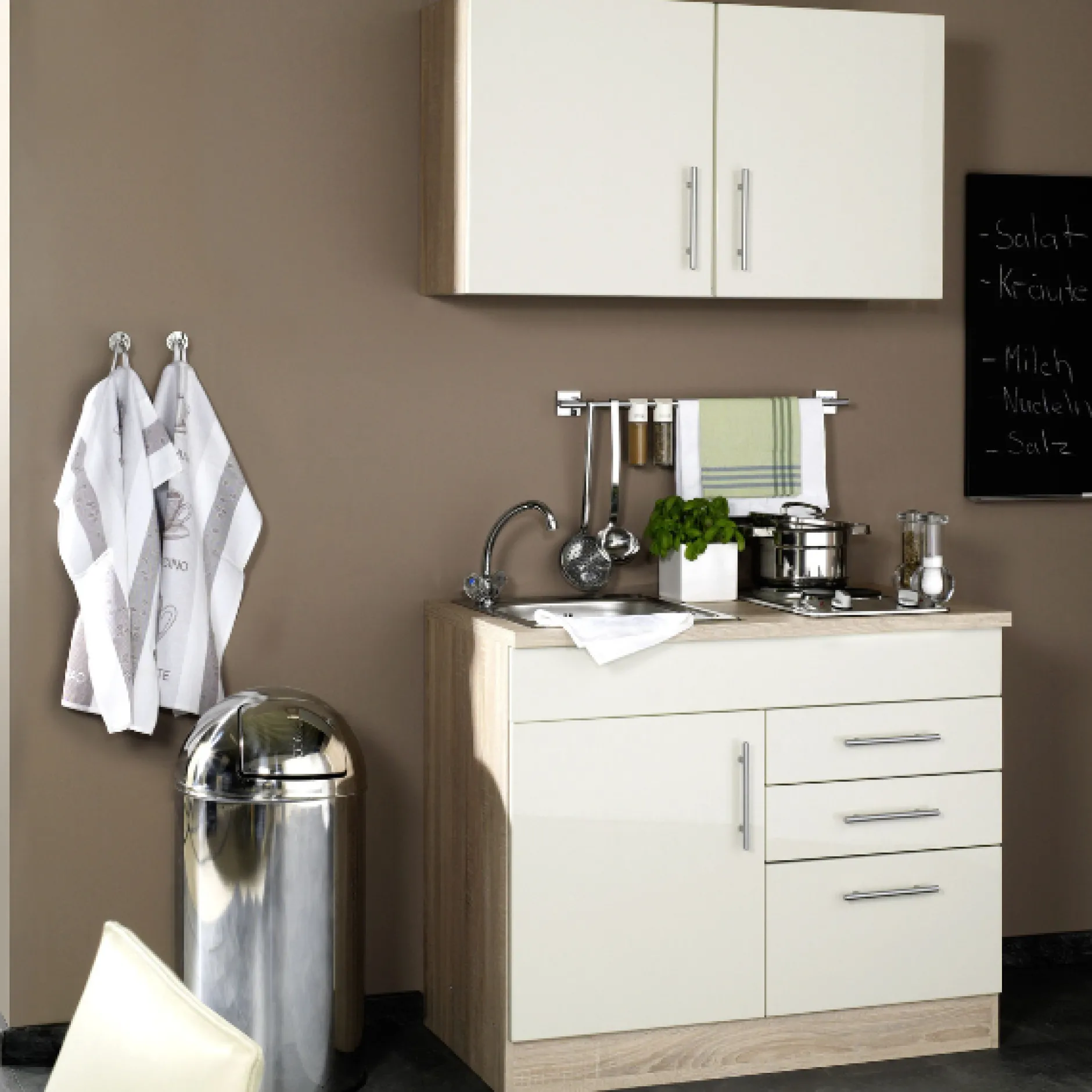 Küchenzeile Toto 100cm mit Kochfeld - Hochglanz creme