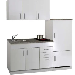 Küchenzeile Toto 180cm mit Kochfeld und Kühlschrank - weiß/marmoriert