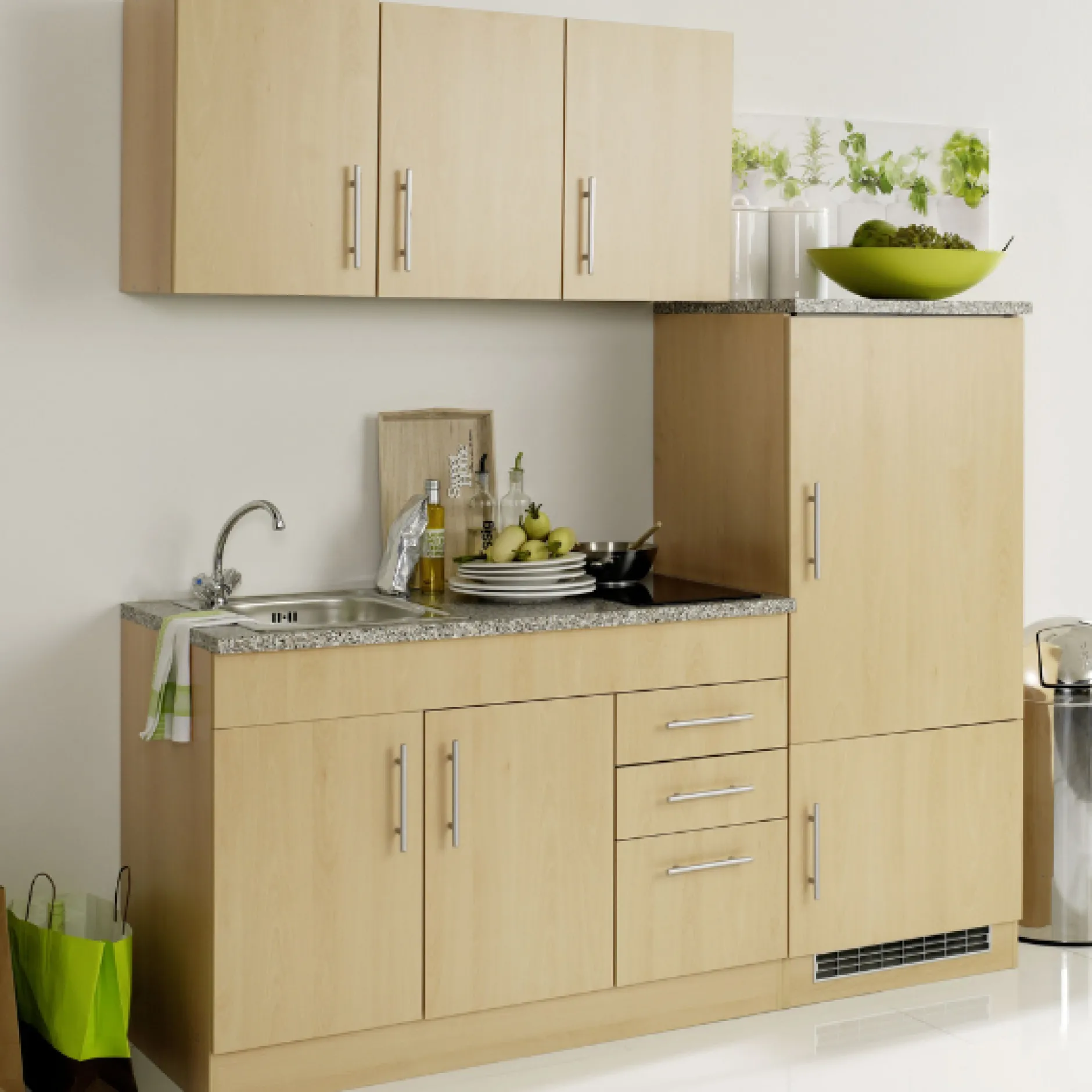 Küchenzeile Toto 180cm mit Kochfeld und Kühlschrank - Buche/Marmor