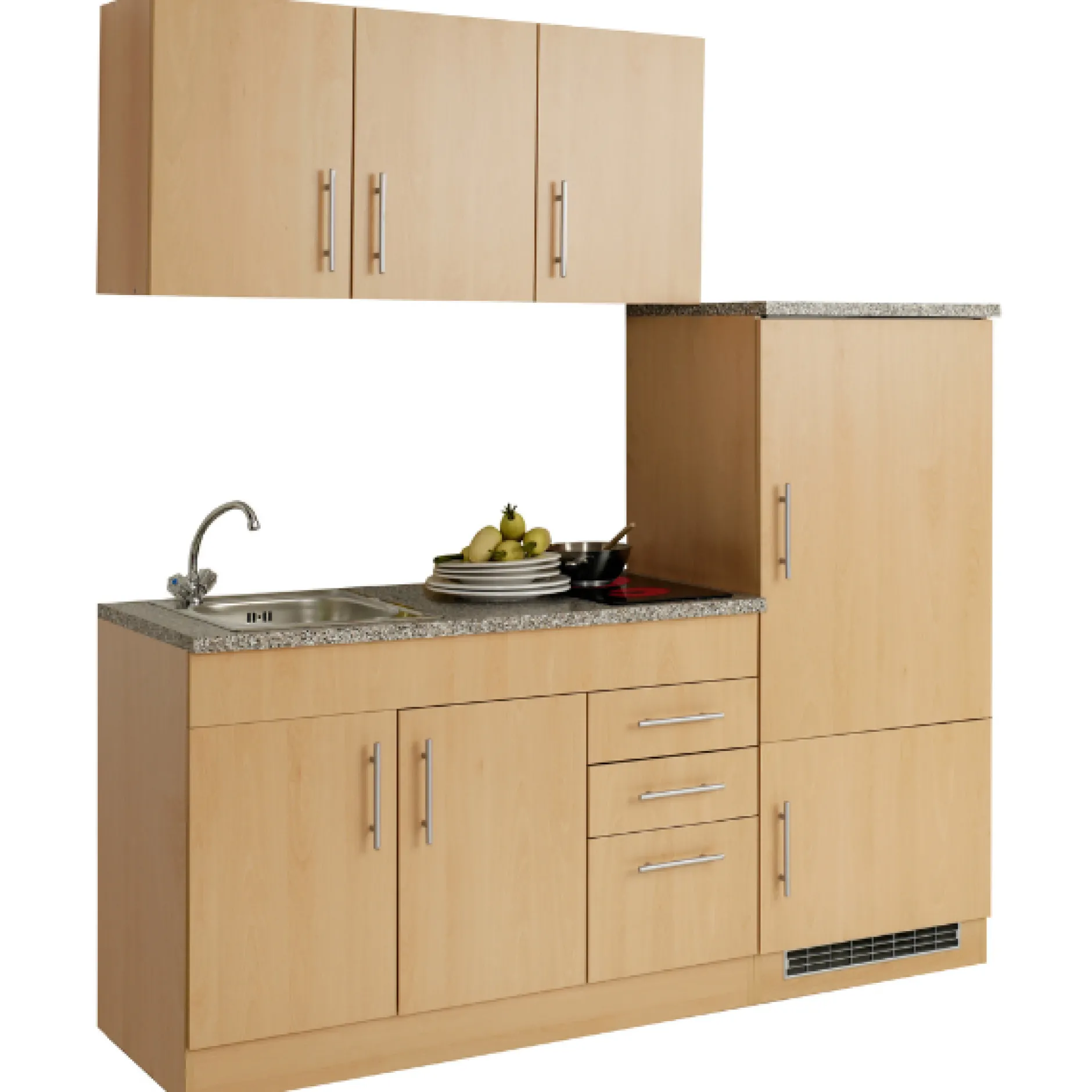 Küchenzeile Toto 180cm mit Kochfeld und Kühlschrank - Buche/Marmor