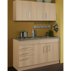 Küchenzeile Toto 120cm mit Kochfeld - Buche/Marmor