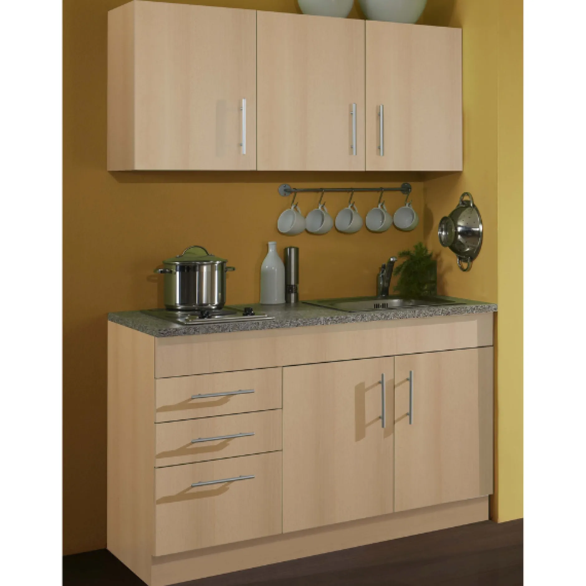 Küchenzeile Toto 120cm mit Kochfeld - Buche/Marmor