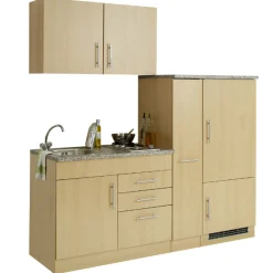 Küchenzeile Toto 190cm mit Kochfeld und Kühlschrank - Buche/Marmor
