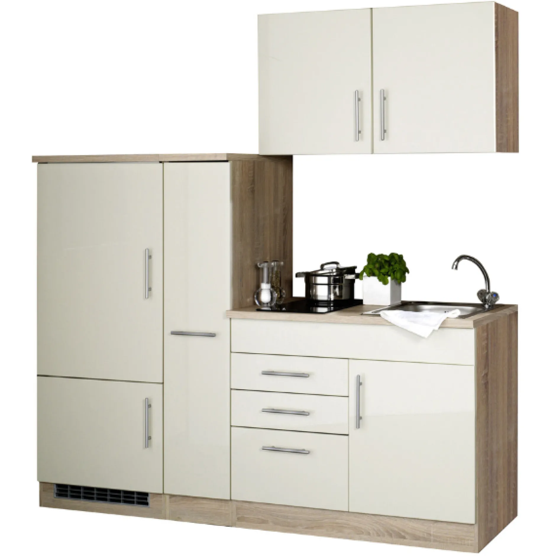 Küchenzeile Toto 190cm mit Kochfeld und Kühlschrank - Hochglanz creme