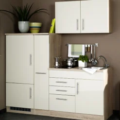 Küchenzeile Toto 190cm mit Kochfeld und Kühlschrank - Hochglanz creme