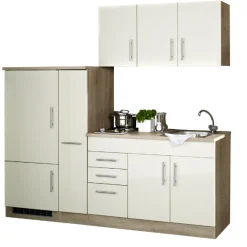 Küchenzeile Toto 210cm mit Kochfeld und Kühlschrank - Hochglanz creme